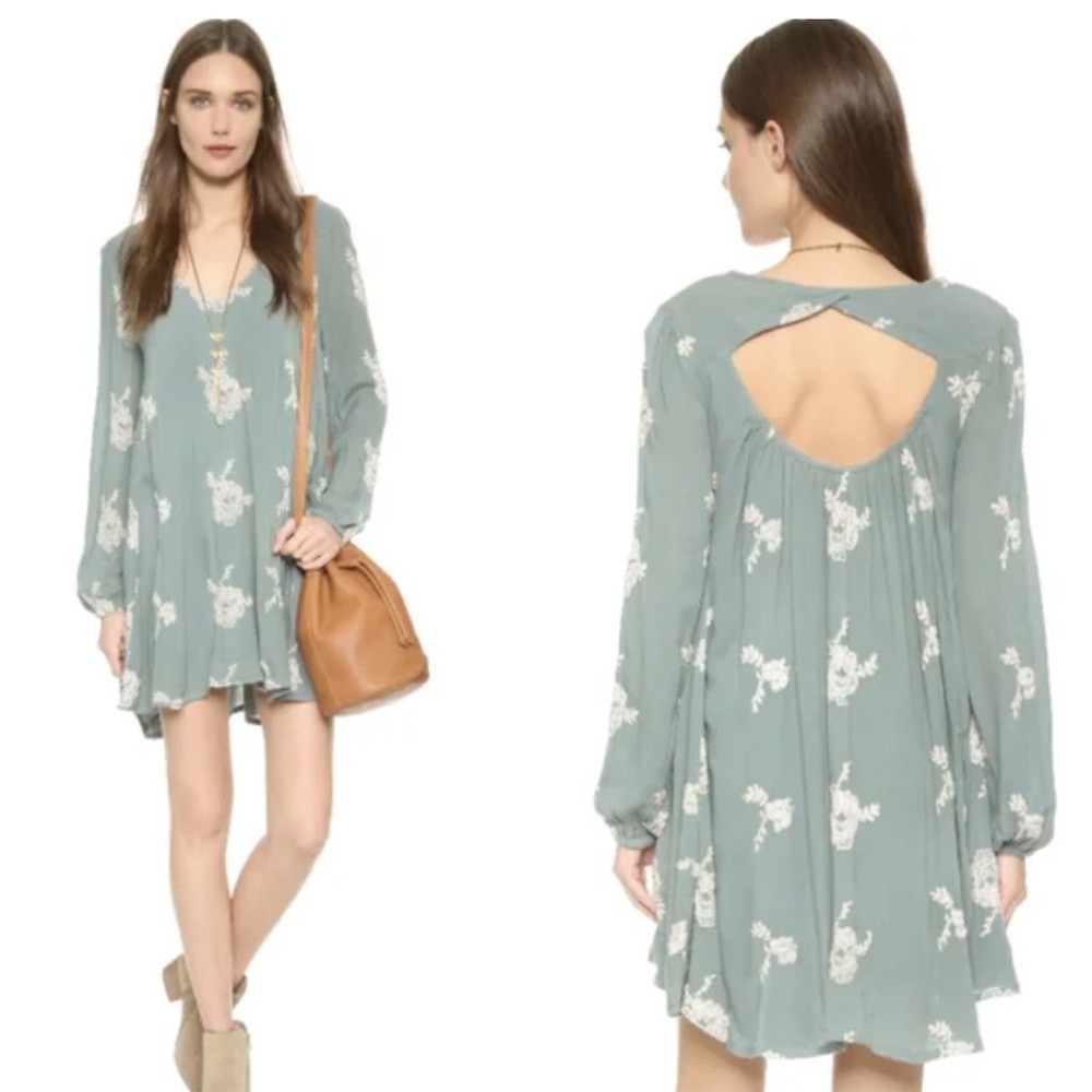 Free People Emma Print Long Sleeve Dress (Turquoise)